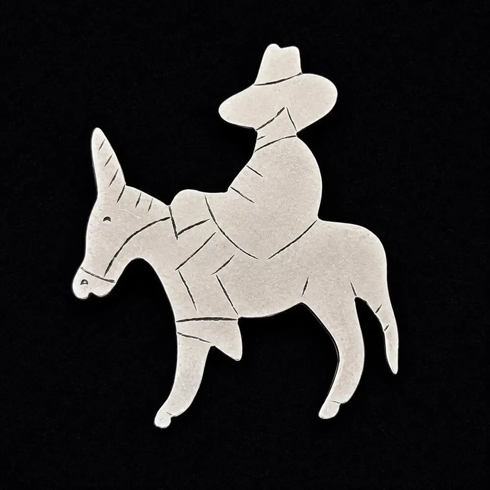 Vintage Cowboy Riding Burro Donkey Brooch Pin Folk Art Style Unmarked